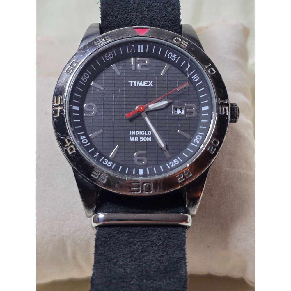 Timex Indiglo Black Dial 50m Diver Watch Black Suede Leather NATO Strap w/ Case